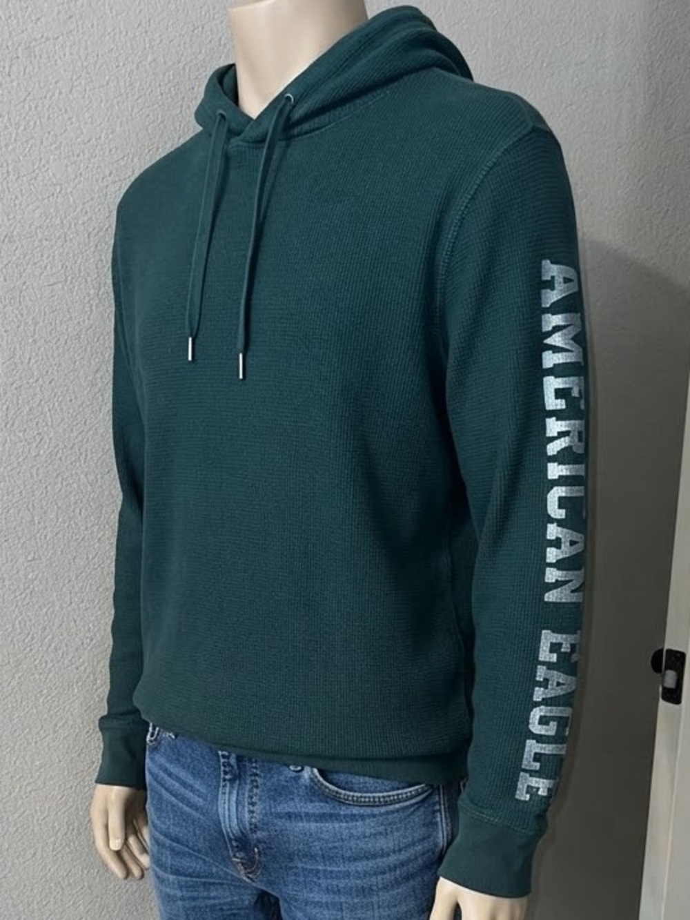 American Eagle Outfitters Men's Hooded Waffle-Knit Sweater - Teal Green